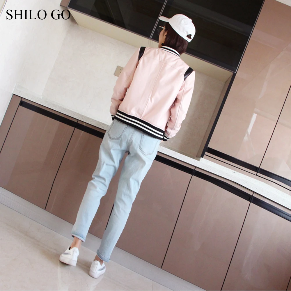 Veste Mode Printemps Aller Unique Mouton Baseball Bleu Lumière Rose Véritable O De Cou Manteau Poitrine Shilo Cuir Femmes En Peau X5xXAY