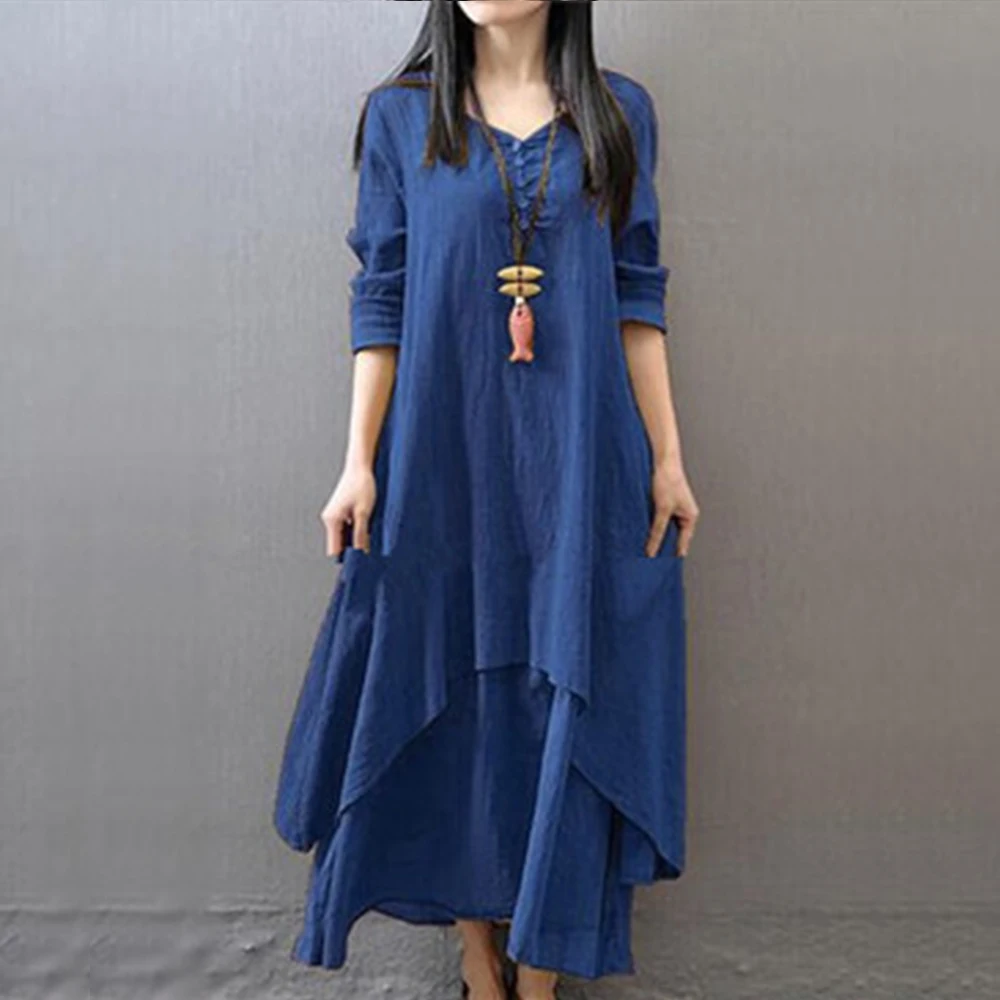 

Women Blue Color Maxi Dress Summer Vintage Boho V Neck Three-quarter Sleeves Ankle Length Dresses Robe Female Plus Size