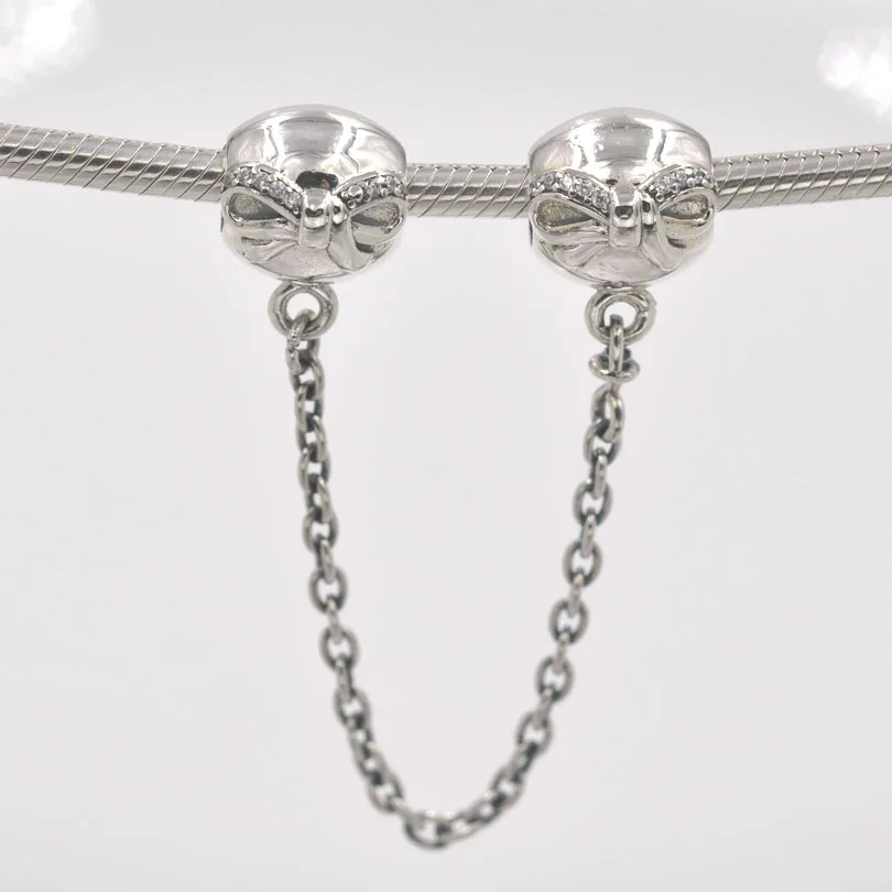 Бусины из стерлингового серебра 925 изысканный бант безопасности цепь, подвеска, бусины для браслетов Pandora браслет или ожерелье с шармами, сделай сам, ювелирное изделие