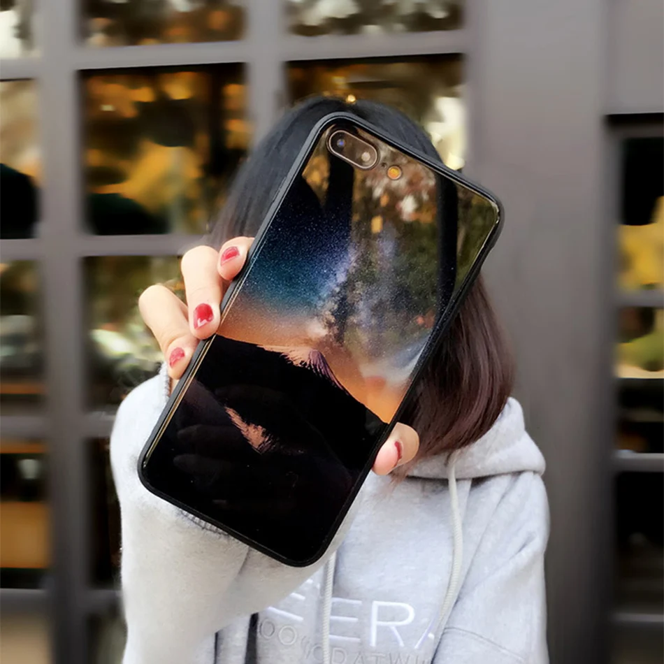 TOMKAS Temper Glass Case For iPhone X 8 7 6 6s Plus Cover Phone Cases For iPhone X 8 7 6 s Case Silicone TPU PC Star Sky Pattern (10)
