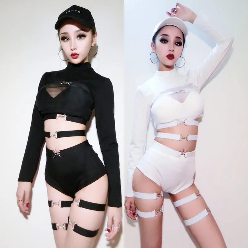 

2018 New Black White Jazz Dance Costume For Lady Women Bar Dj Dancers Stage Tops+Pant Hip hop Sexy Original Singer Clothes I306