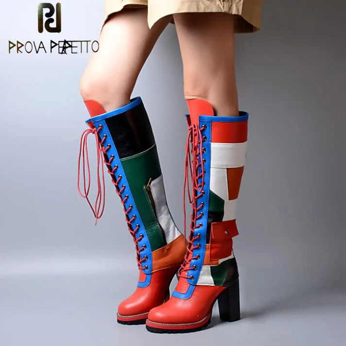 Prova Perfetto Winter Autumn Knee High Boots Platform Round Toe Front Cross Tied Women Shoes Cow Leather Mixed Color Long Boots Prova Perfetto Winter Autumn Knee High Boots Platform Round Toe Front Cross Tied Women Shoes Cow Leather Mixed Color Long Boots