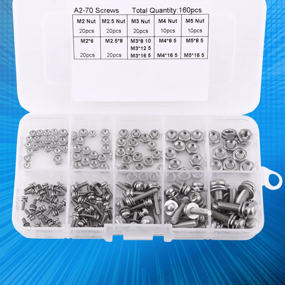 

160pcs Stainless Steel SS304 Pan Head Screws Nuts Assortment Kit M2 M2.5 M3 M4 M5 Nut & Bolt Set Fastener Repair Tool Accessory