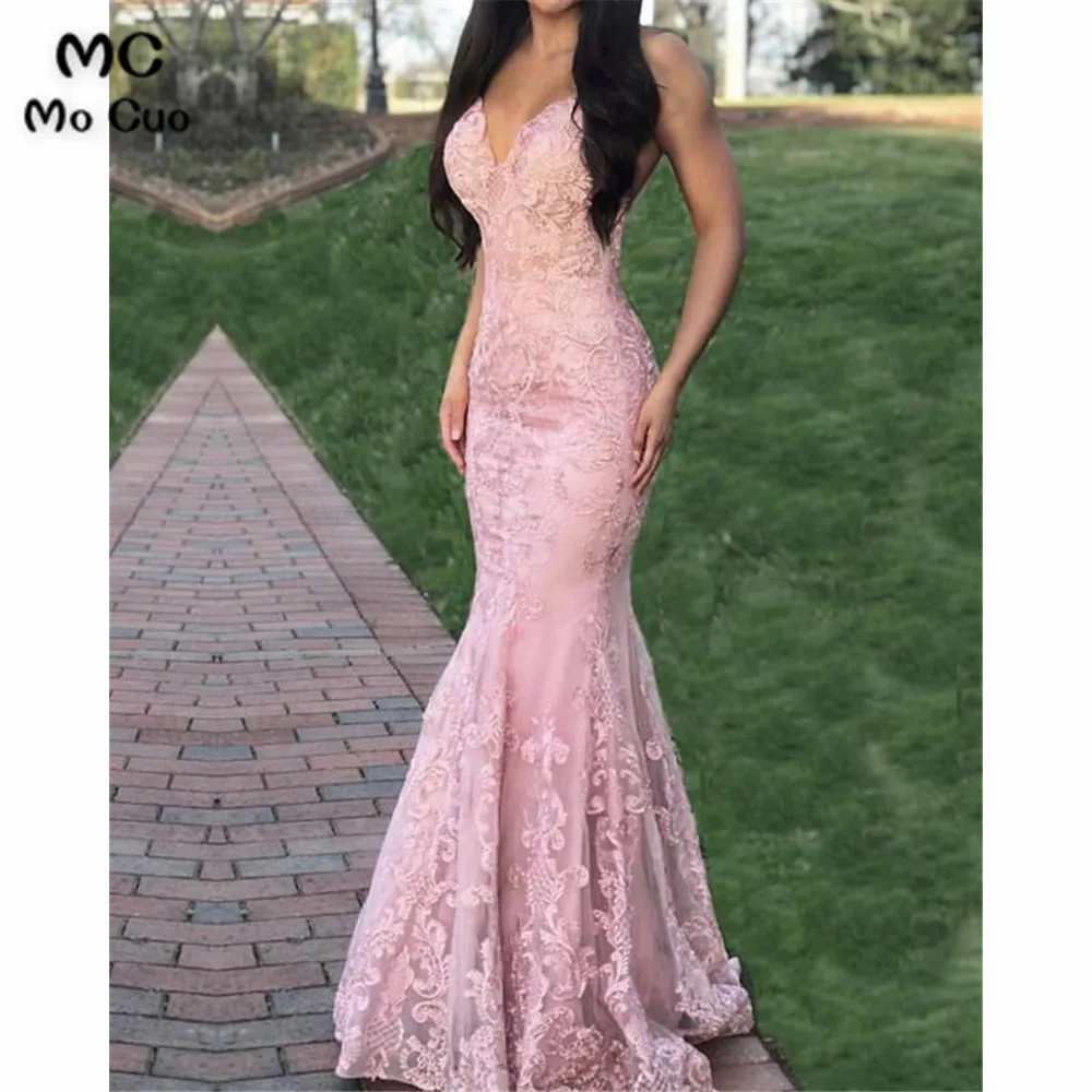 Mermaid Lace Appliques V Neck Prom Dresses (1)