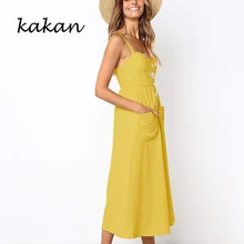 Kakan summer new women's dress sling button with pocket loose dress yellow red black dress fuzzy double pocket loose dress