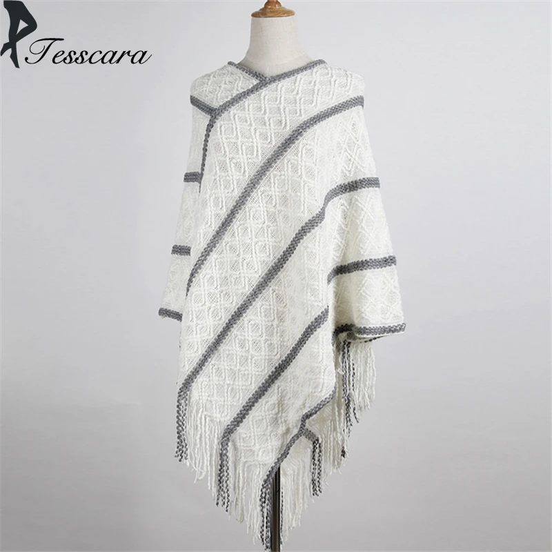 Women Autumn Vintage Knitting Poncho Sweater Female 2018 New Fashion Shrug Cotton Argyle Wrap Striped Tassel Streetwear Sweaters