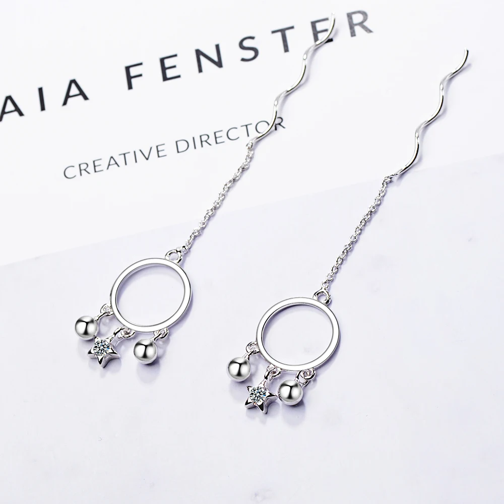 

Anenjery New Fashion Circle Star Wave Zircon Tassel Earrings Simple 925 Sterling Silver Earrings Chain For Women brincos S-E664