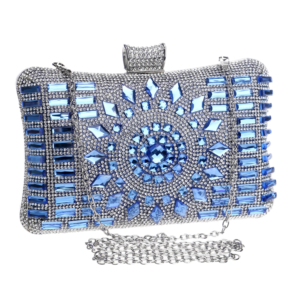 New 2016 glass diamond silver evening bags top quality gold clutch bag elegant blue bag party wedding bridal purse 4 colors