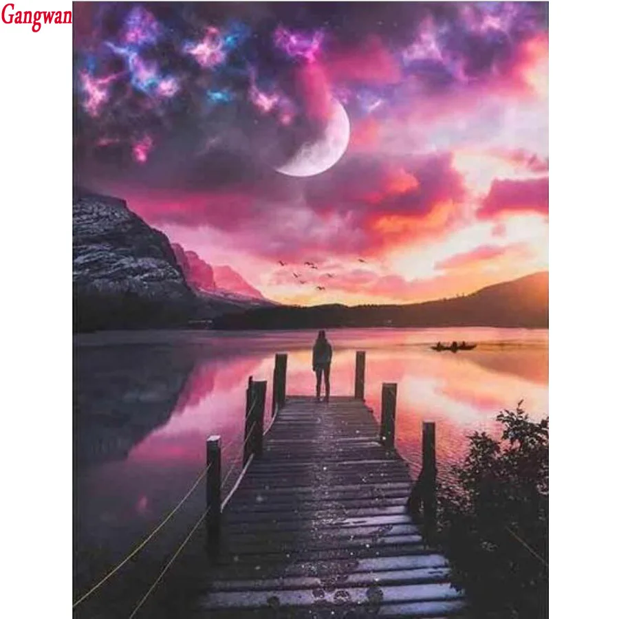 dimond painting Sunset Wharf landscape full square round diamond diamond rhinestone mosaic,diamond embroidery cross stitch room decor