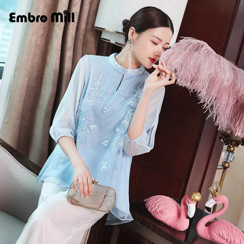 

Summer The New Chinese style Retro Standing collar Lover yarn embroidery fashion elegant perspective sleeve Loose shirt M-2XL