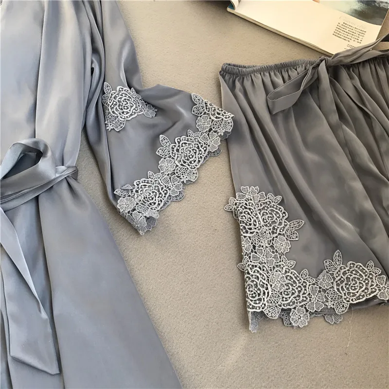 3 шт. вышивка кружево шорты для женщин для халат комплект пикантные шелковые пижамы с длинными рукавами летняя ночная рубашка наборы