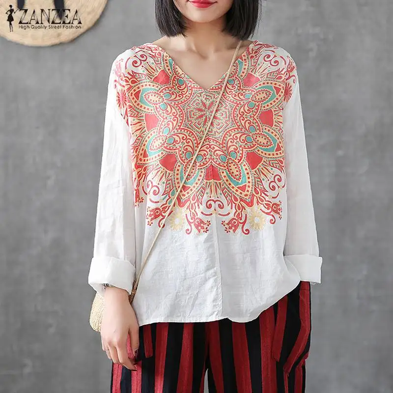 S 5XL ZANZEA 2019 الصيف حزب تونك بلايز كم طويل الأزهار المطبوعة Blusas عارضة V الرقبة شيك قميص بلوزة الإناث قميص