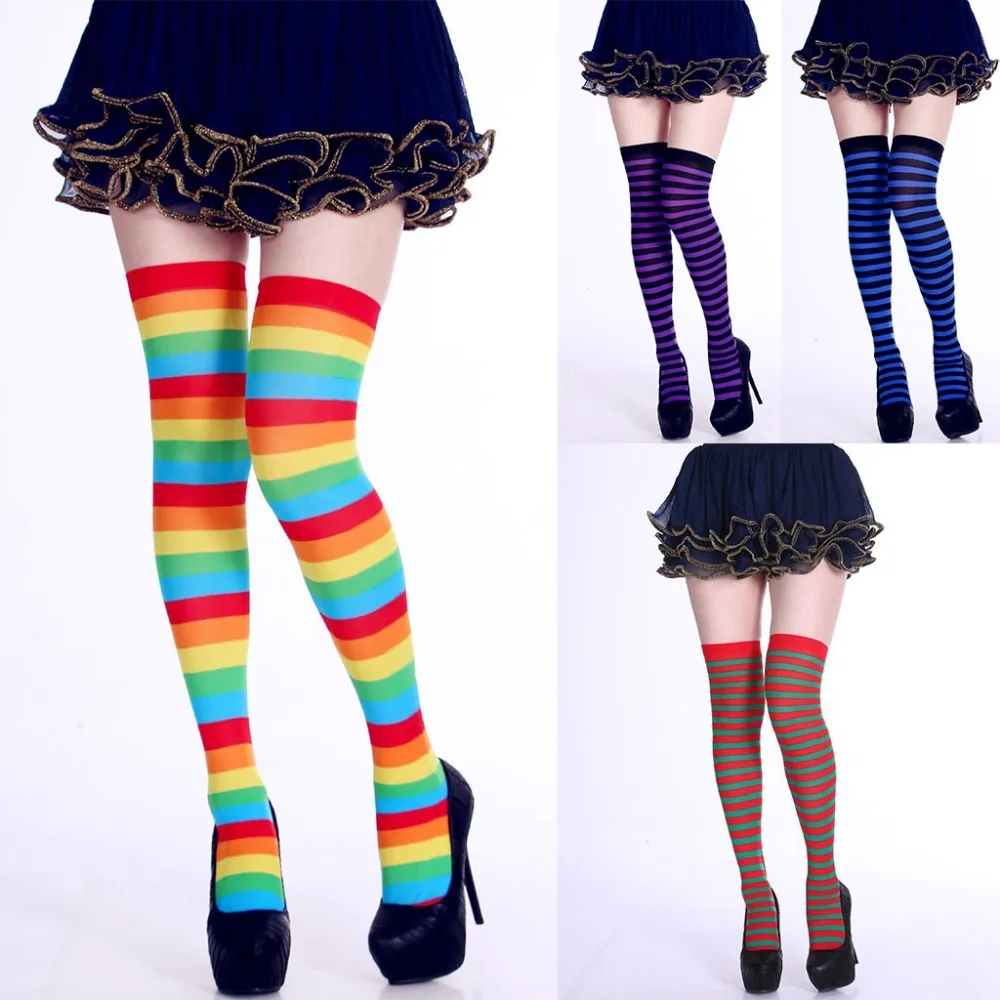 

Womens Long Striped Socks Contrast Color Thigh High Stockings Cosplay Halloween
