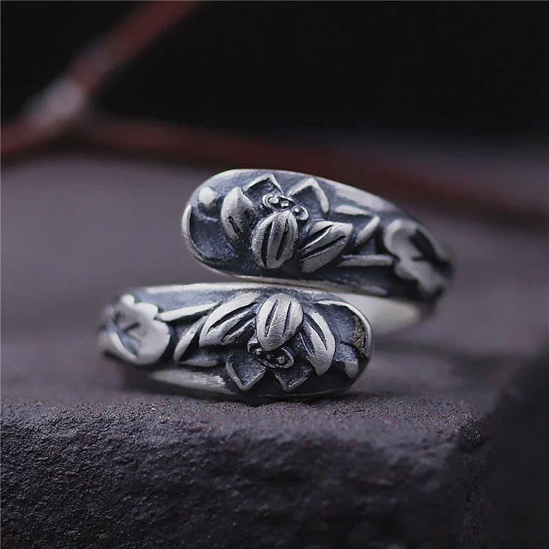 

C&R Pure 990 Sterling Silver Rings for Women Retro Relief Lotus Flower Ethnic Lotus opening ring Fine Jewelry Size 5-7