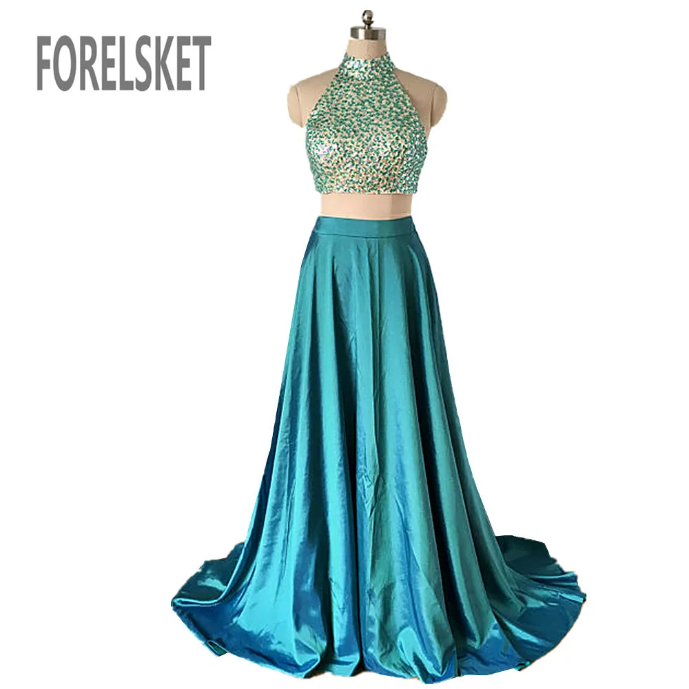 

High Neck Two Pieces Prom Dresses 2019 Floor Length Formal Evening Dresses Long Key-Hole Back Satin A line Stones Party Dresses