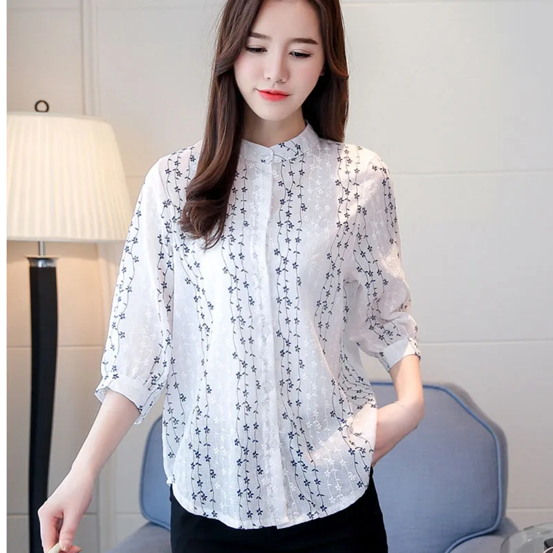 Women Spring Summer Style Chiffon Blouses Shirts Lady Casual Mandarin Collar Half Chiffon Blusas Tops Feminina DF1713 Blouses
