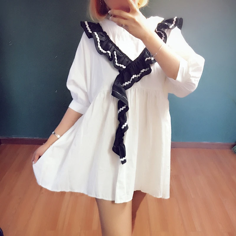 

2017 new women dress cute girls fat oversize pregnant white with black loose patern ribbon o-neck middle puff sleeve