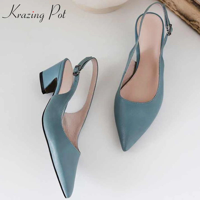 

Krazing pot sheep leather summer 2019 movie star streetwear med heels Korean version pointed toe slingback elegant sandals L77