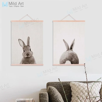 

Brown Gray Rabbit Tail Cute Animal Wooden Framed Canvas Painting Nordic Kids Baby Room Home Decor Wall Art Picture Poster Scroll