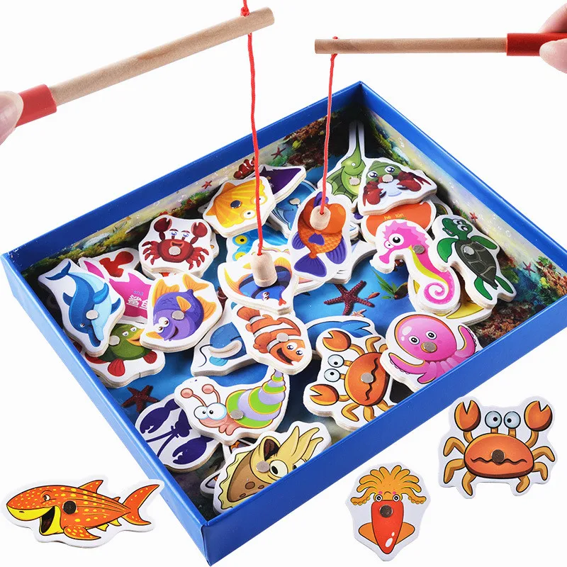 

New Children Baby Educational Toy Fish Wooden Magnetic Fishing Toys Set Game for Kids 32Pcs with Gifts Box