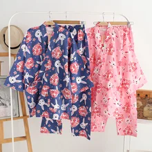 Женские хлопковые Пижамные комплекты Kimonos Yukata из японского хлопка, халат и штаны с принтом кролика сакуры, летняя и осенняя тонкая одежда для сна