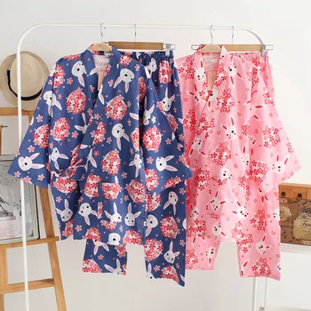 

Japanese Cotton Kimonos Yukata Women Cotton Pajama Sets Sakura Rabbit Print Robe & Pants Set Summer Autumn Thin Sleepwear
