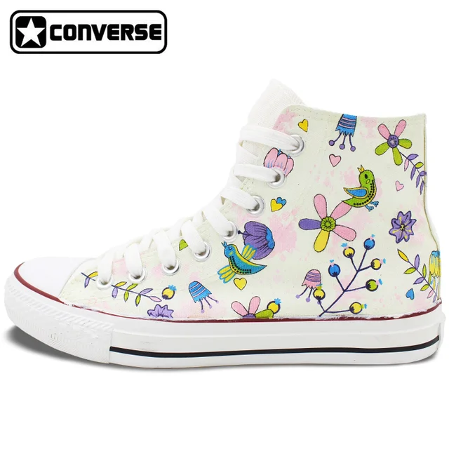 Best price at $132 Cheap Custom Hand Painted Converse Shoes Original Design Birds' Twitter Fragrance of Flowers High Top Canvas Sneakers Men Women Gifts