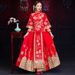 Невесты Cheongsam Винтаж китайский стиль свадебное платье ретро тост Костюмы Леди Вышивка Феникс брак Qipao красная одежда