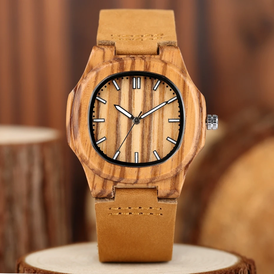Men Women Wooden Watch Creative Round Shape Dial Light Wood Case Genuine Leather Band Bamboo Wood Clock Male Reloj de madera TOP 2017 (20)