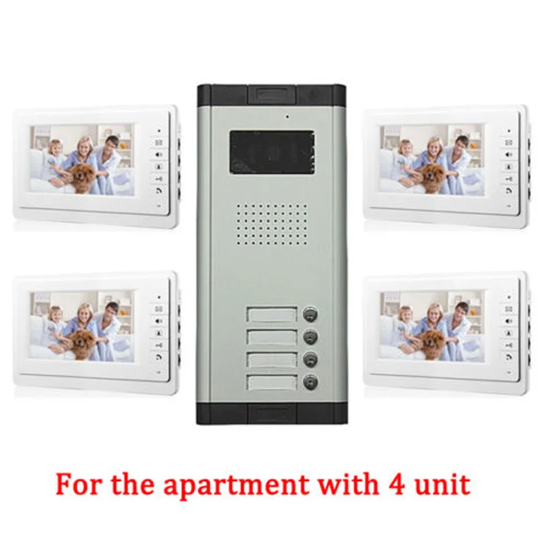 Apartment 4 Unit Intercom Entry System Wired Video Door Phone Audio Visual 7 inch TFT LCD Monitor Apartment 4 Unit Intercom Entry System Wired Video Door Phone Audio Visual 7 inch TFT LCD Monitor