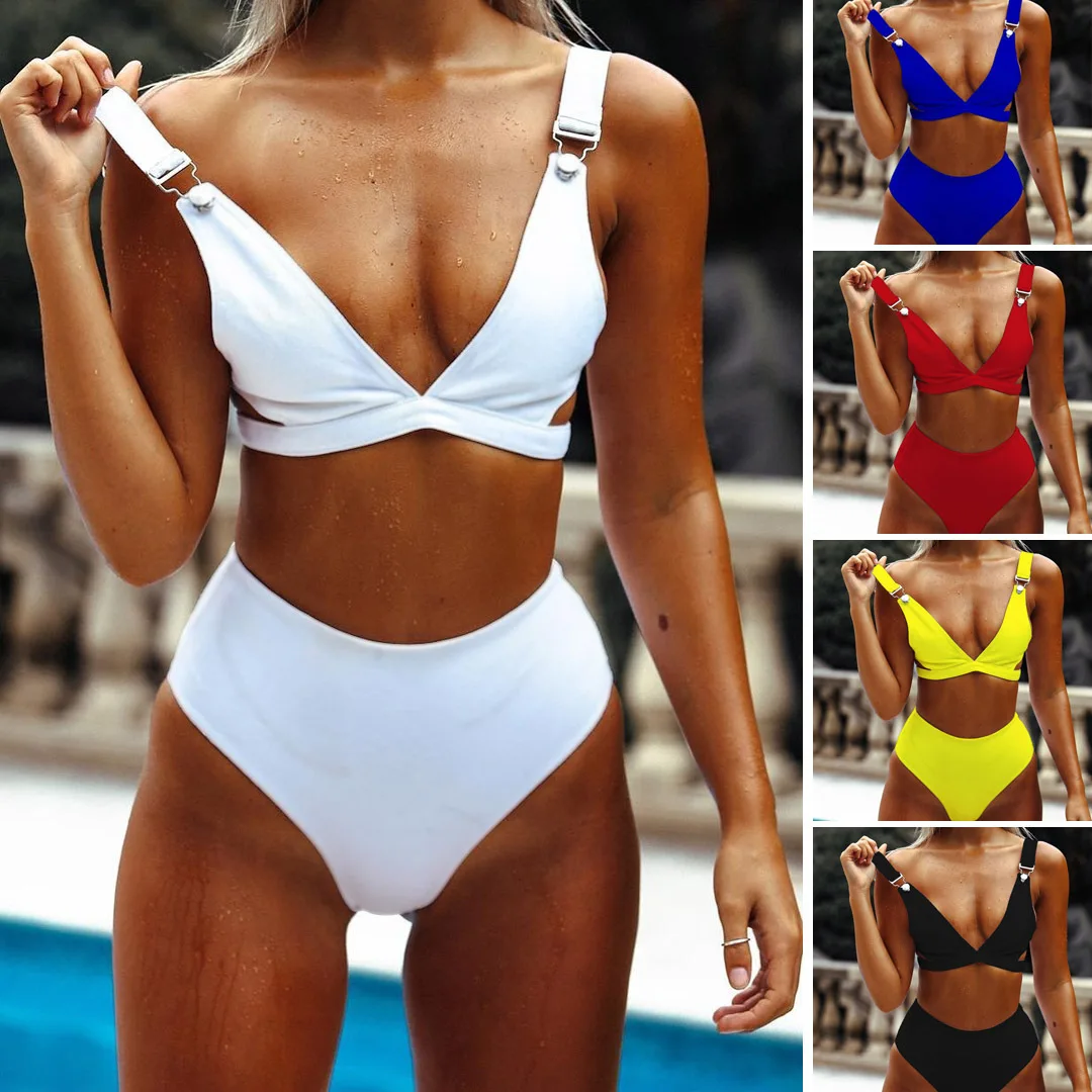 

2019 Retro High Quality Buckle Swimsuit Halter High Waisted High Cut Swimwear Push Up Best Solid Color Deep V Neck Bikinis Set
