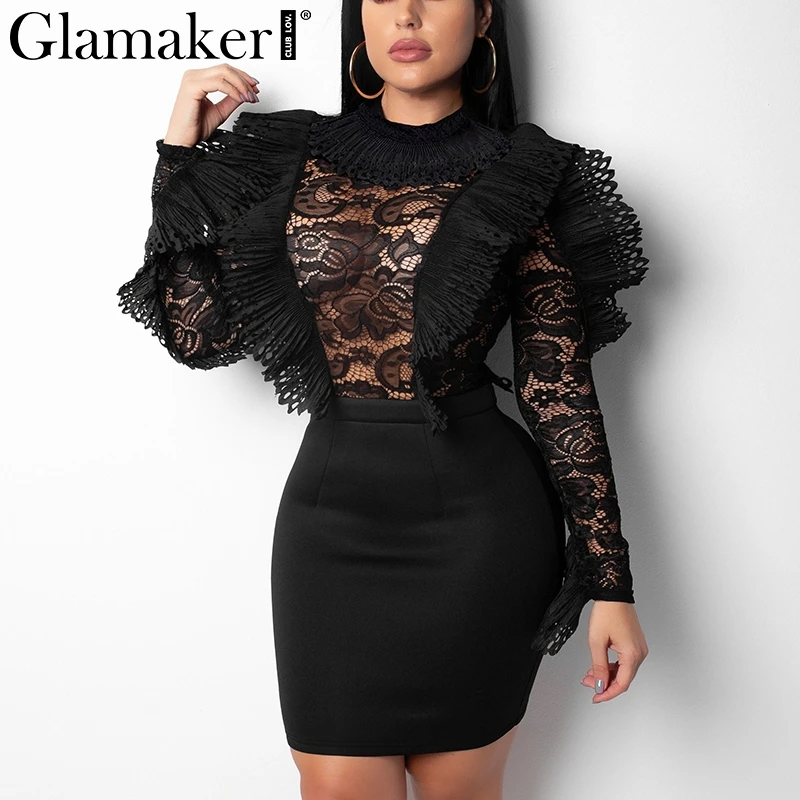 Glamaker Black mesh ruffle transparent lace bodysuit Women sexy long sleeve bodysuit Female winter embroidery hollow jumpsuit