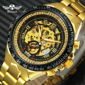 

WINNER golden watches men sports military skeleton wristwatches automatic wind mechanical watches steel strap relogio masculino