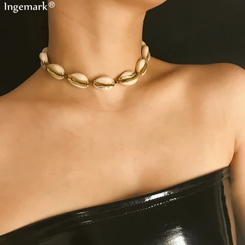 

Ingemark Bohemian Cowrie Shell Collar Choker Necklace Summer Beach Simple Gold Color Seashell Woven Brown Chain Women Jewelry