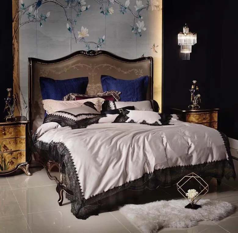 Luxury Romantic Black Lace Embroidery Silk cotton Bedding Set Duvet