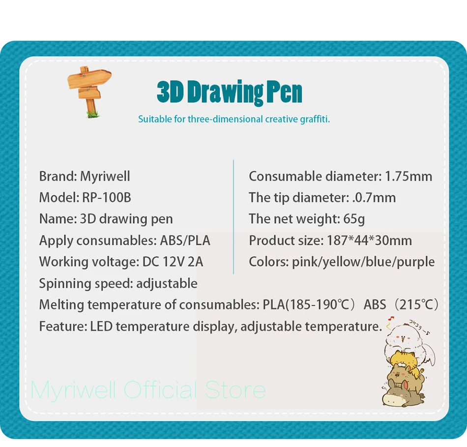 Caneta para Impressão Presente para Crianças Myriwell Caneta Tela Diy 100m Filamento Abs Brinquedo Criativo Desenho 3d Led 11 para impressão 3d, 100m, filamento abs, brinquedo