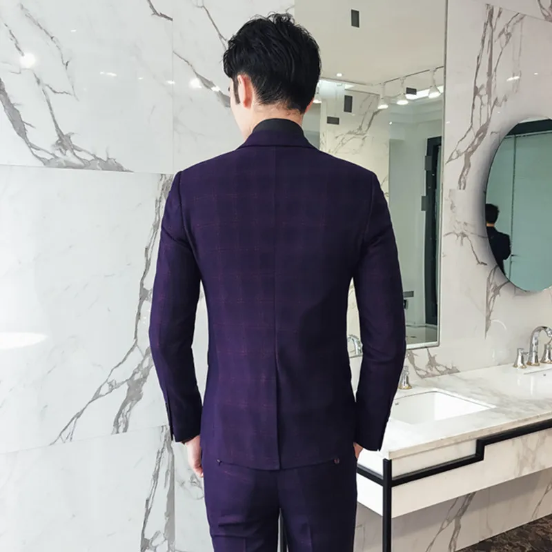 High-end-Männer Anzüge Wein Rot Navy Blau Mode Business Casual männer Karierten Anzug Jacken mit Weste mit hosen