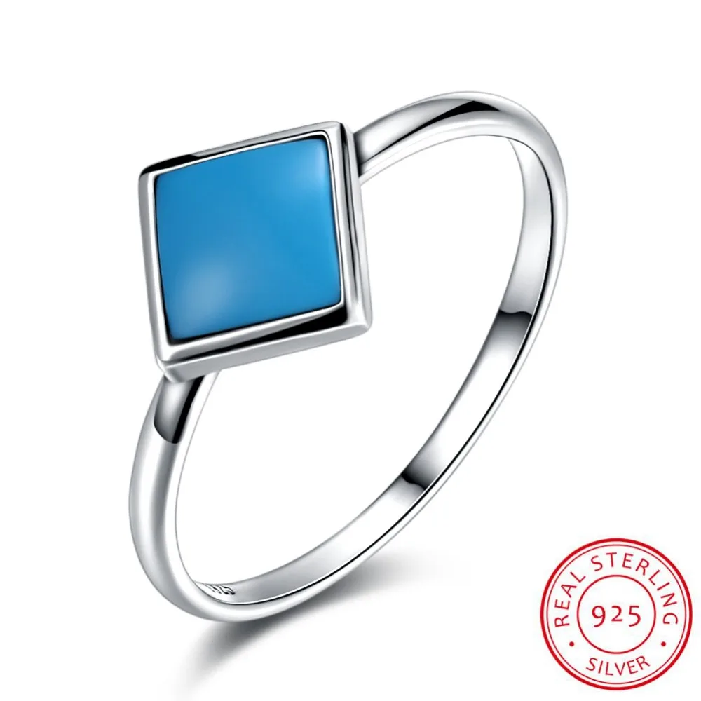 

S925 Sterling Silver Retro Style Turquoise Ring Quartet Styling Simple Silver Authentic Rings Geometric Flat Ring Argento 925