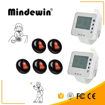 

Mindewin Wireless Pager System 2 Wrist Watch M-W-1 5 Multicolor Call Buttons M-K-1 Restaurant Queuing Service Calling System