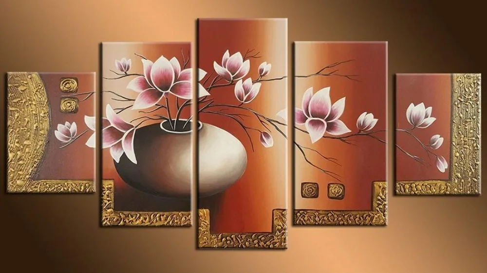 Very Artistic Hand Painted on Canvas Hot Sale Beautiful and Elegant Pink Flower Vase Oil Painting 5 Panel Artwork Landscape for Home and Wall Decoration