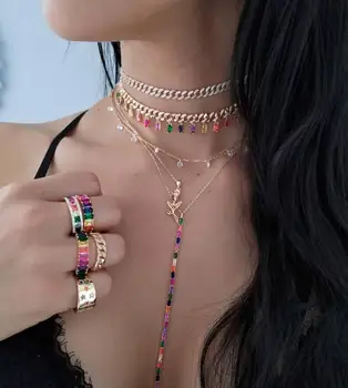 

Luxury statement rainbow cz cuban link chain with colorful baguette cz drop charm Rock hiphop wedding choker necklace gift