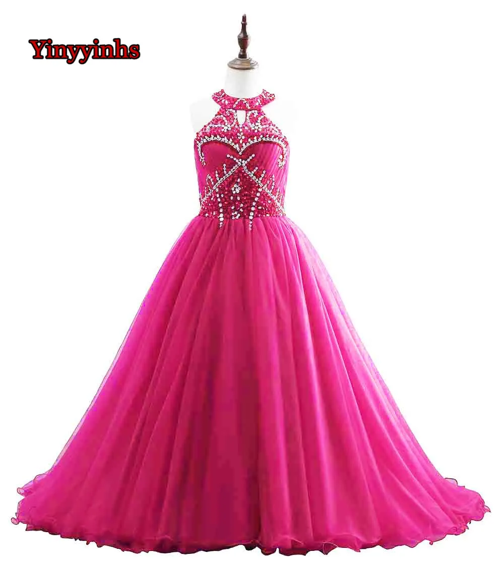 Yinyinhs романтическое Пышное Платье с цветочным узором для девочек на свадьбу, фатиновое вечернее платье с бисером для девочек, вечерние платья для причастия, Пышное Платье - Цвет: Fuchsia