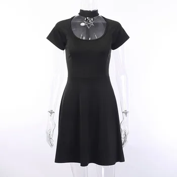 

Gothic Dress Women Punk Six-Pointed Star Hanging Neck Slim Black Dress Casual Streetwear Mini Dress For Female