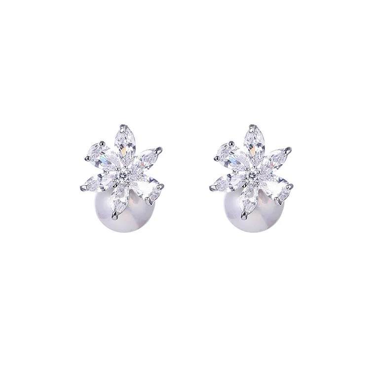 Роскошные модные маленькие цветочные милые серьги-гвоздики серебряного цвета свадебные жемчужные серьги Boho Двойные серьги с цирконием для женщин