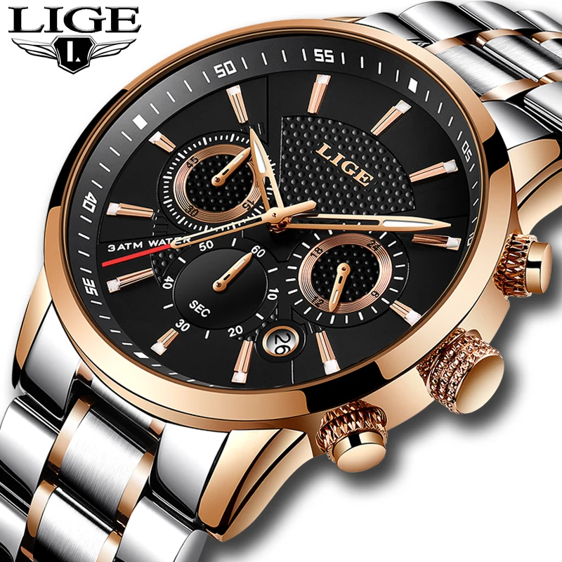 Часы наручные LIGE Мужские кварцевые брендовые Роскошные повседневные спортивные