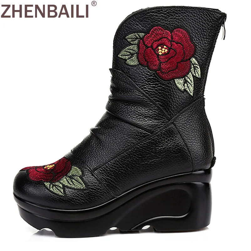 

ZHENBAILI Genuine Leather Boots 2017 Fashion Embroider High Heel Women Ankle Boots Zipper Platform Wedges Short Boots Winter