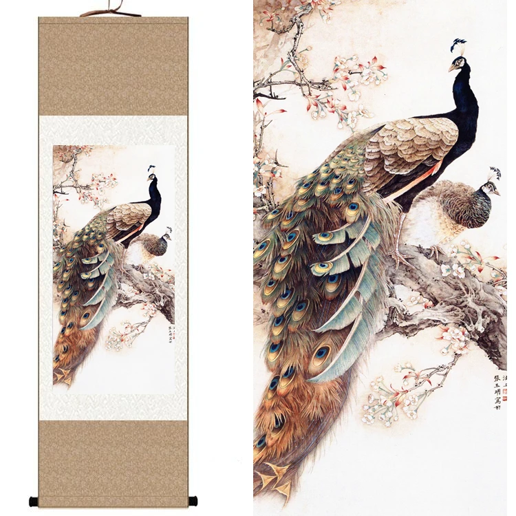 

Chinese Silk watercolor Begonia flowers bird Peacock phoenix ink art feng shui canvas wall picture damask framed scroll painting