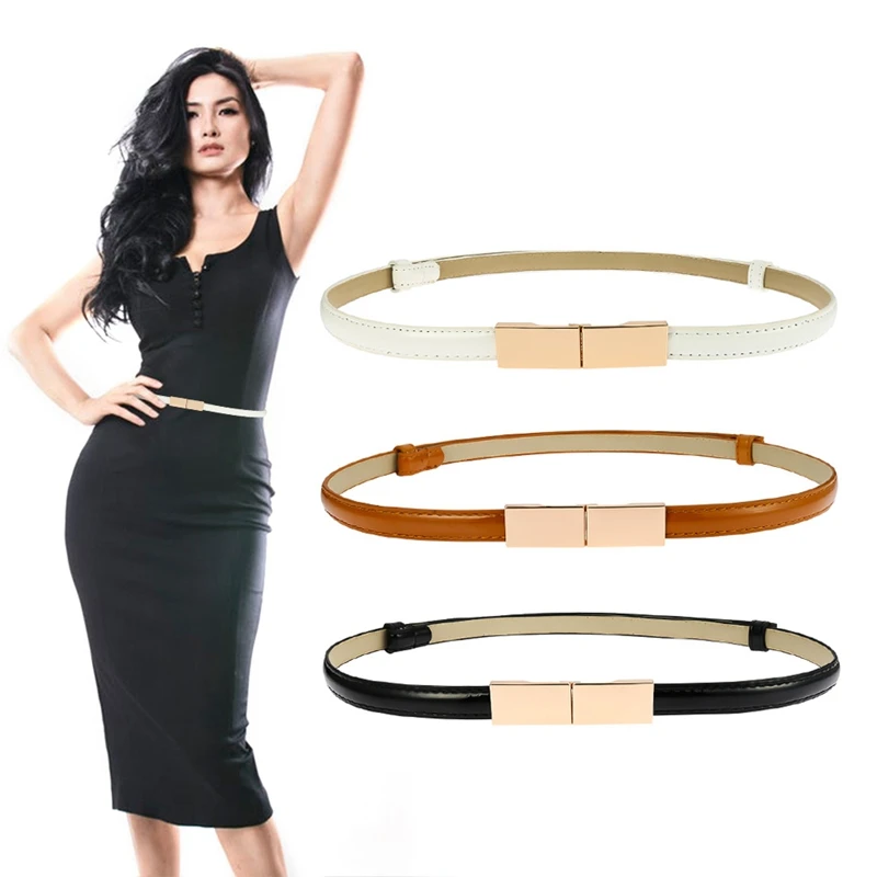 

New Design Belts Thin Adjust Belt PU Leather Black Dress Students Women Waistbands Red Flower Buckle Square Gifts
