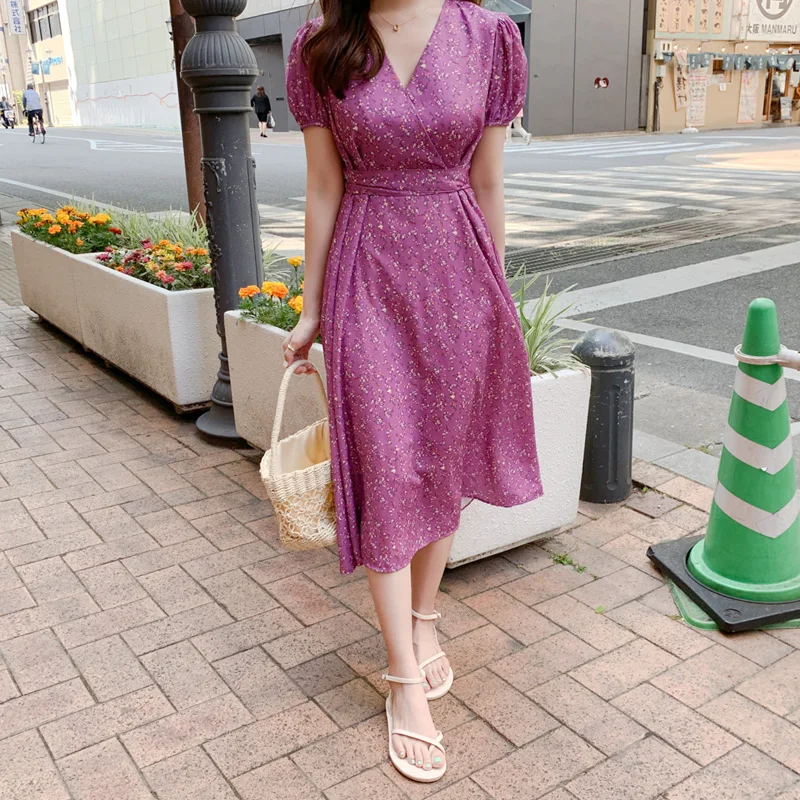 Элегантное шифоновое женское платье с цветочным принтом летние платья запахом V