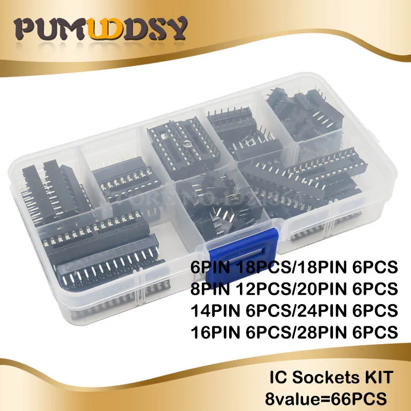 

66PCS/Lot DIP IC Sockets Adaptor Solder Type Socket Kit 6,8,14,16,18,20,24,28 pins New